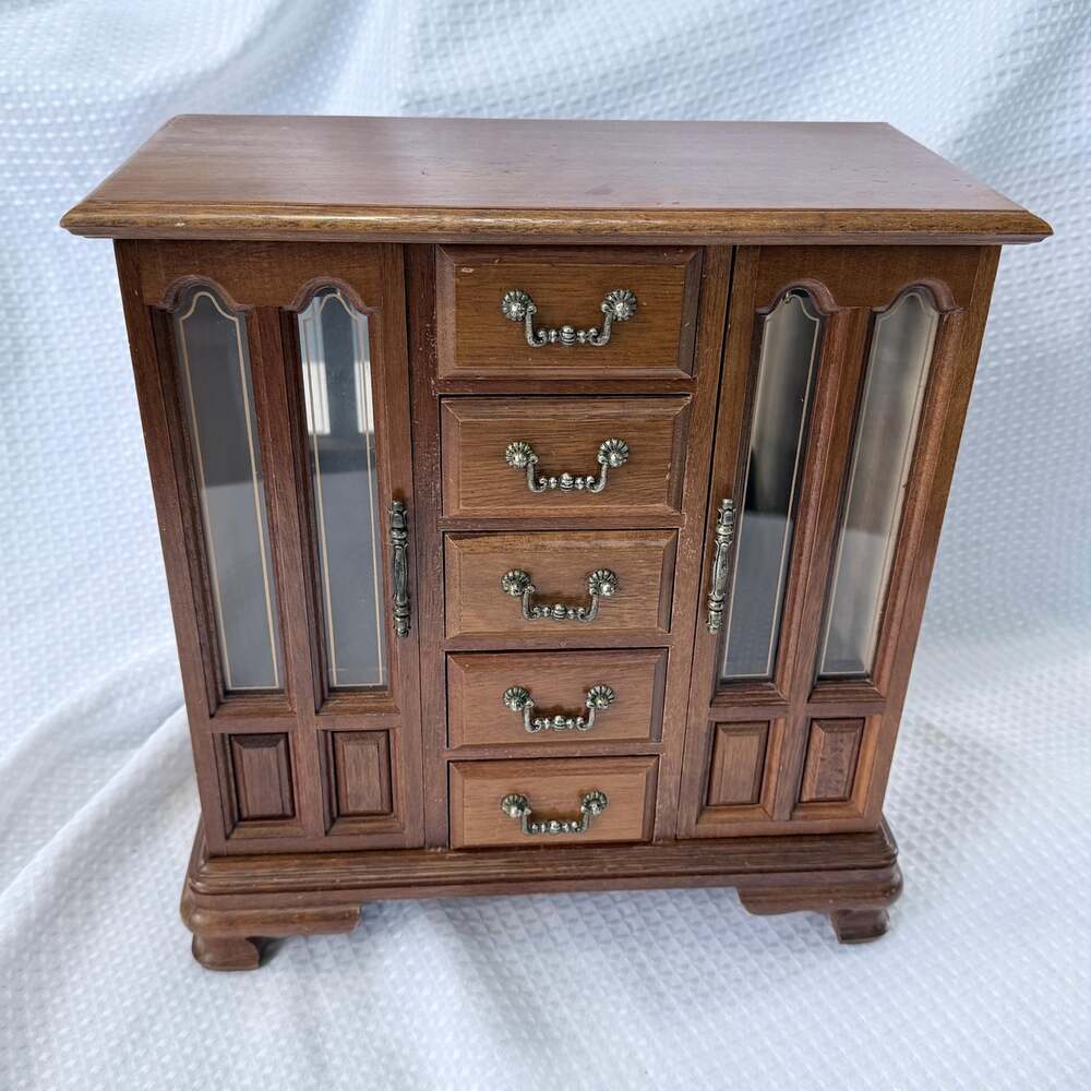 Vintage Wooden Musical Jewelry Box Armoire Cabinet, Dual Glass Doors, 4 Drawer